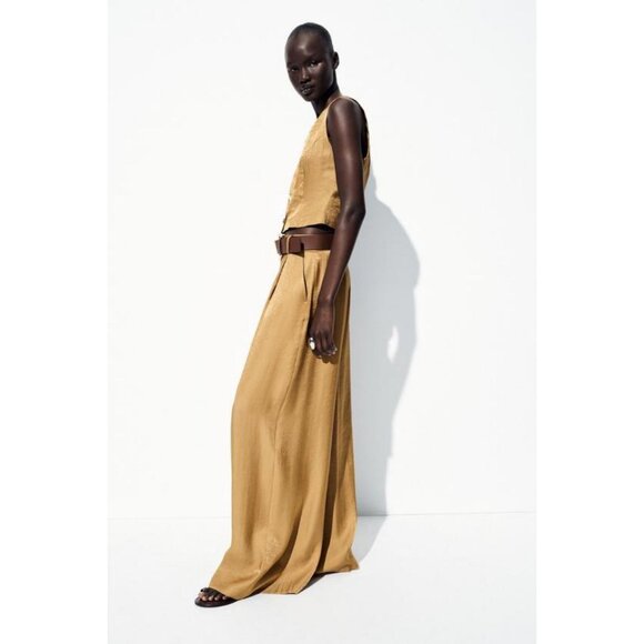 ZARA WIDE SATIN TROUSERS WITH BELT - Picture 1 of 7